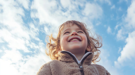 Portrait of a cute little girl on a background of blue skyの素材