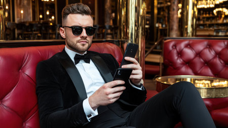 Handsome young man in suit and sunglasses using mobile phone while sitting in luxury restaurantの素材