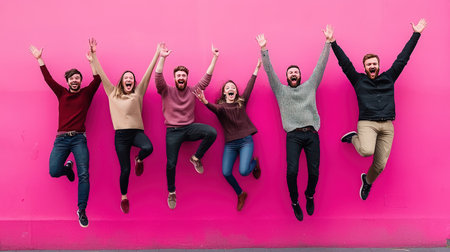 Group of happy friends jumping and having fun on the pink wall backgroundの素材