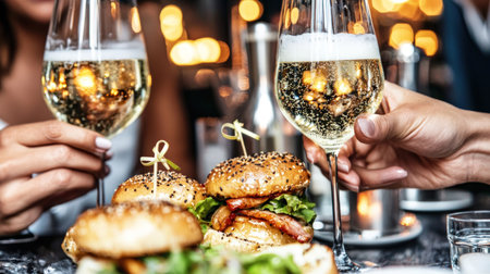 cropped view of man and woman holding glasses of champagne near tasty burgersの素材