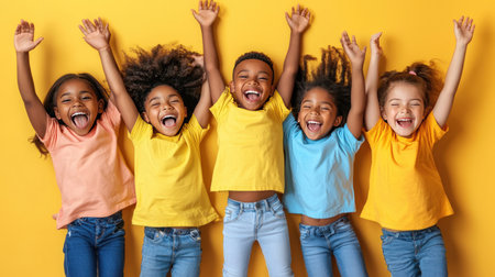 Group of happy children on color background, top view. Diverse childrenの素材