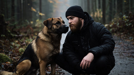 Man with a dog in the autumn forest. Man with a dogの素材