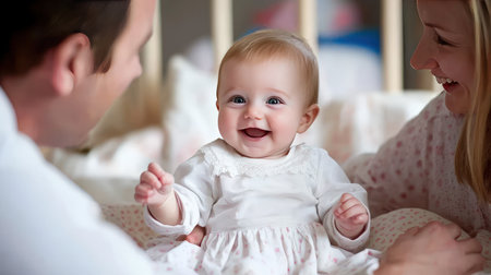 Portrait of a happy family playing with their baby girl at homeの素材