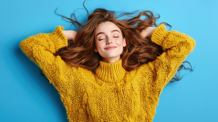 Beautiful young woman with closed eyes on color background, top viewの素材
