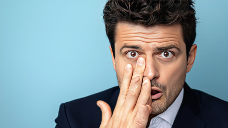 Shocked businessman covering his mouth with hand and looking at camera isolated on blueの素材