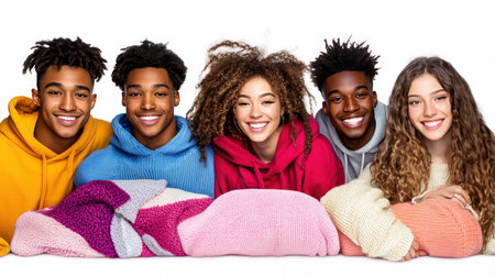 Group of happy african american and caucasian friends in winter clothesの素材