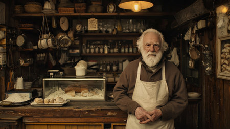 Portrait of a senior man in apron standing in a bakeryの素材