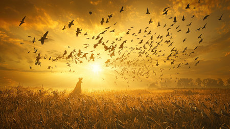 Silhouette of a woman in a wheat field with flying birdsの素材