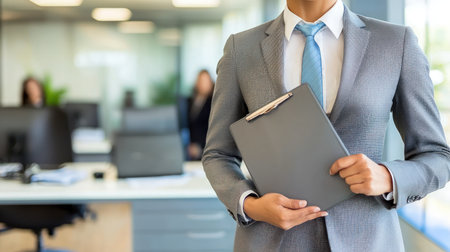 Midsection of businesswoman holding clipboard in office with colleagues in backgroundの素材