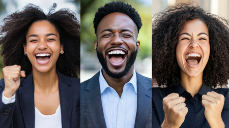 Portrait of happy business people celebrating success. Cheerful african american man and caucasian woman in formal wear. Success conceptの素材
