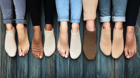 Legs of a group of young people on a wooden background.の素材