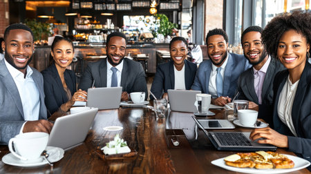 Group of happy african american business people sitting in cafe and working on laptopの素材