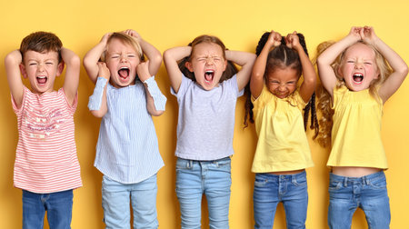 Group of children with different emotions on color background. Concept of friendshipの素材