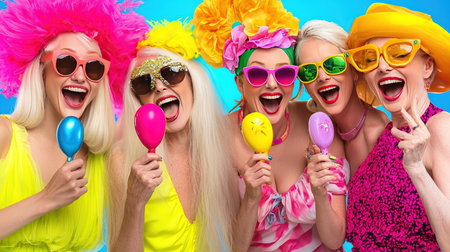 Group of happy women in colorful clothes and sunglasses with colorful balloons.の素材