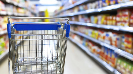 Shopping cart in supermarket, shallow depth of field, abstract backgroundの素材