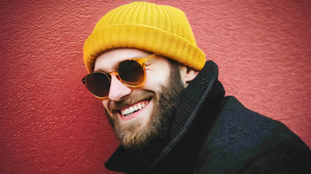 Portrait of a handsome bearded man in a yellow hat and sunglassesの素材