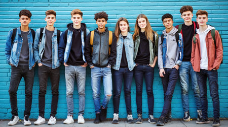 Group of teenagers standing in front of a blue brick wall and looking at the cameraの素材