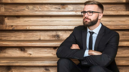 Portrait of a handsome businessman wearing glasses sitting on a wooden wall backgroundの素材