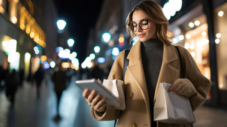 Young woman with shopping bags using tablet in the city at night.の素材