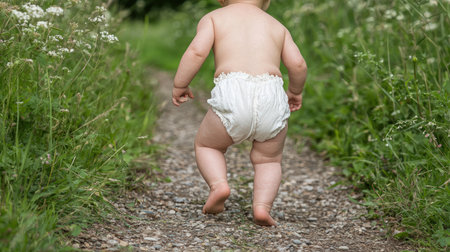 Baby boy walking on a path in the garden. Baby in diaper walking outdoorsの素材