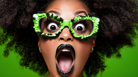 Surprised african american woman with big eyes and green glasses on green backgroundの素材