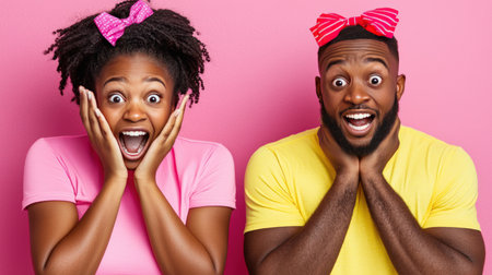 Surprised african american man and woman look at camera, isolated on pink backgroundの素材