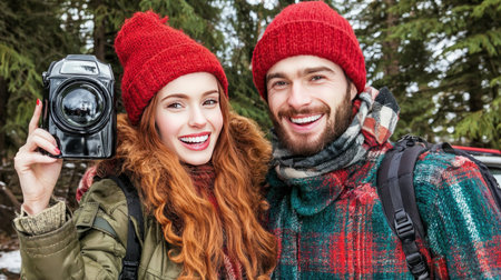travel, tourism, hike and people concept - smiling couple with camera in winter forestの素材