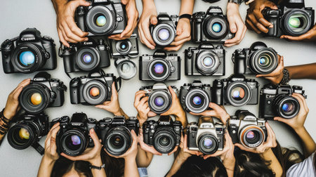 Top view of many hands holding digital cameras on white background, top viewの素材