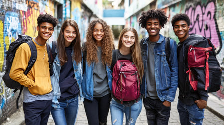 Group of happy young african american students walking in a cityの素材