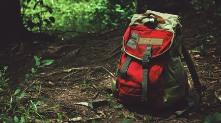 Hiking backpack in the forest. Travel concept. Vintage tone.の素材