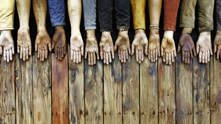 Hands of a group of people in different colors on a wooden backgroundの素材