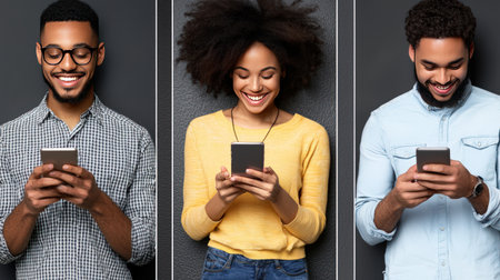 collage of smiling african american man and woman using smartphonesの素材