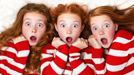 Surprised red-haired girls lying in bed and looking at camera.の素材