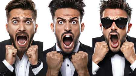 Collage of emotional young man in suit and bow tie, isolated on whiteの素材