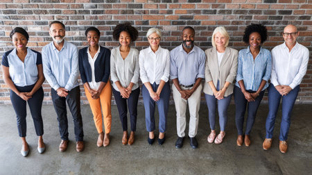 Portrait of smiling business people standing in row against brick wall in officeの素材