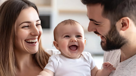 happy family with little baby at home, mother, father and sonの素材