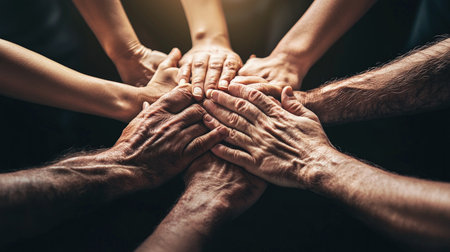 Teamwork concept. Close up of a diverse group of people joining hands together.の素材