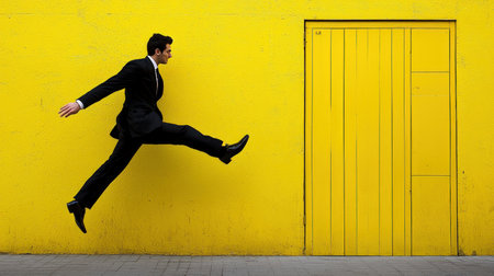 Full length portrait of a young businessman jumping against a yellow wall.の素材