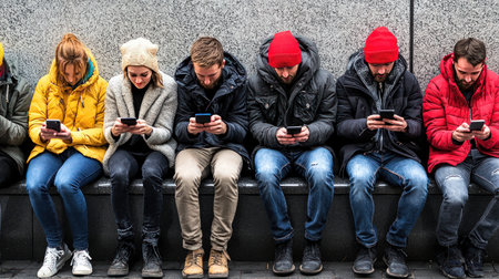 Group of friends using mobile phones sitting on a bench in the cityの素材