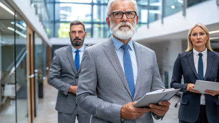 Portrait of senior businessman with colleagues in the background at modern officeの素材