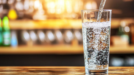 Pouring water into glass on wooden table in pub, closeupの素材
