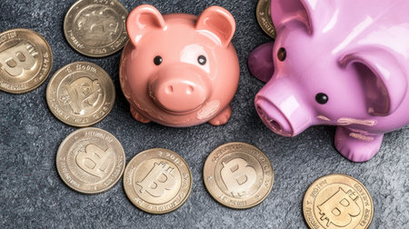 Piggy bank and coins on black background, saving money conceptの素材