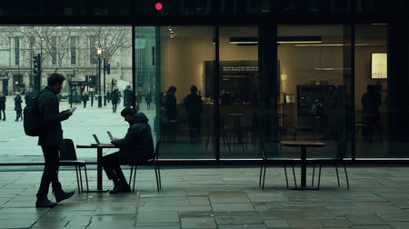 People use a laptop in London at night.の素材