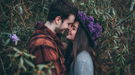 Young couple in love walking in the park, hugging and kissing.の素材