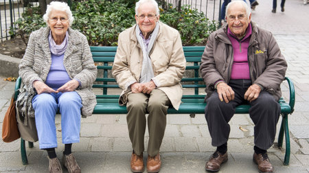 Group of senior friends sitting on a bench in the park and smilingの素材