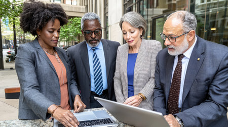 Group of business people using laptop in the city. Multiethnic group of business people using laptop in the city.の素材