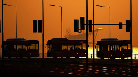Silhouette of a city bus at sunset, 3d renderの素材
