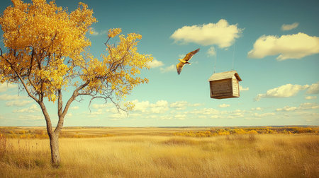 Wooden birdhouse in the autumn meadow. Photo in old image styleの素材