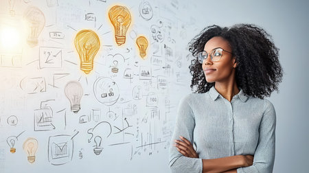 Portrait of young african american businesswoman standing with crossed arms and looking away while standing near wall with business sketch drawn on itの素材