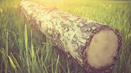Birch trunk in the green grass on a sunny summer day.の素材